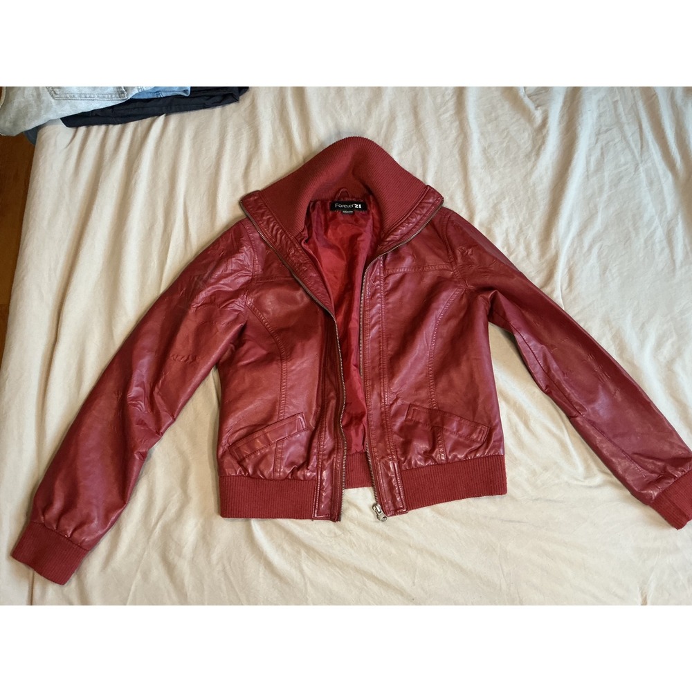 Vintage Forever 21 Red Faux Leather Bomber Jacket Ribbed Knit Trim Large